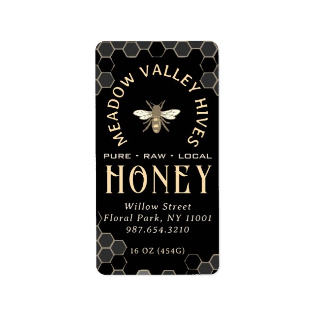 Elegant Black HONEY Label with Honeybee and Bee  (Front)