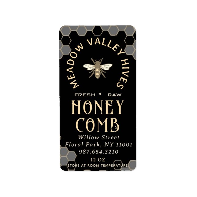 Elegant Black HONEYCOMB with Comb Pattern & Bee  Label (Front)