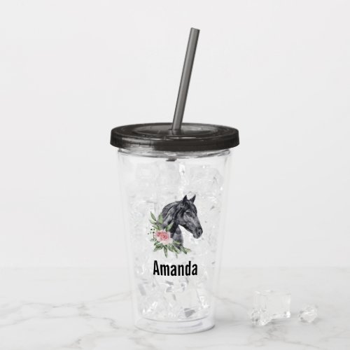 Elegant Black Horse Head with Flowers Watercolor Acrylic Tumbler