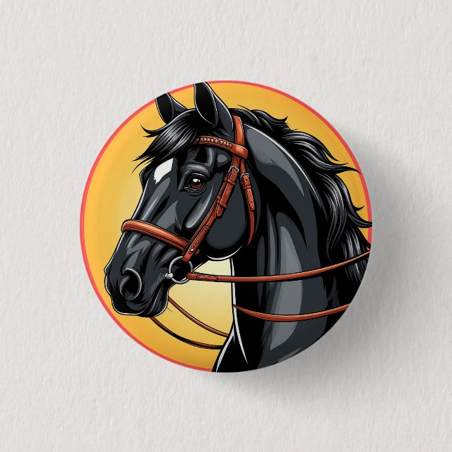 Elegant Black Horse Portrait Button (Front)