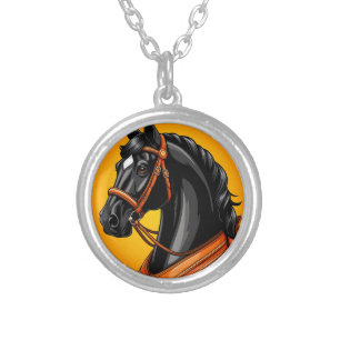 Elegant Black Horse Portrait Silver Plated Necklace