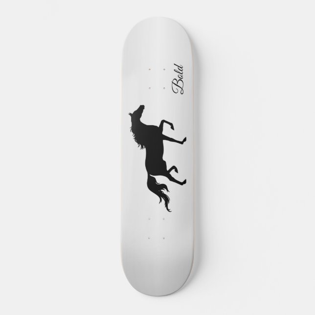 Elegant black horse silhouette on gray gradient skateboard (Front)