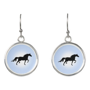 Elegant black horse silhouette on light blue earrings