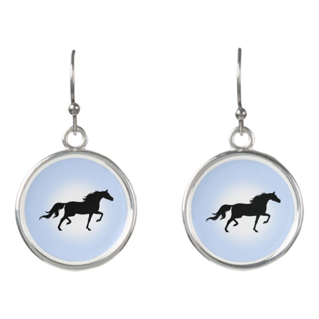 Elegant black horse silhouette on light blue earrings (Front)