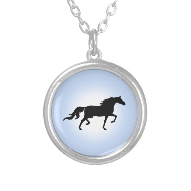 Elegant black horse silhouette on light blue silver plated necklace (Front)
