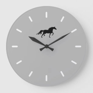 Elegant Black Horse Silhouette on Silver Gray Large Clock