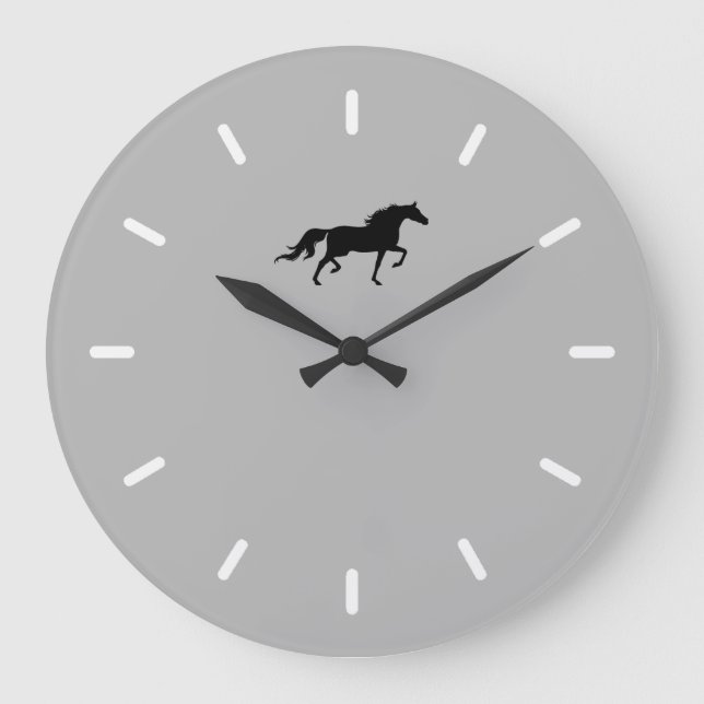 Elegant Black Horse Silhouette on Silver Gray Large Clock (Front)