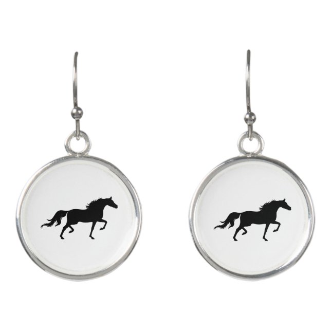 Elegant black horse silhouette on white earrings (Front)