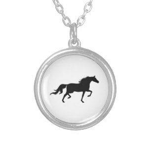 Elegant black horse silhouette on white silver plated necklace