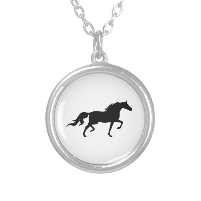 Elegant black horse silhouette on white silver plated necklace (Front)