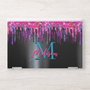 Elegant black hot pink blue drips monogram HP laptop skin