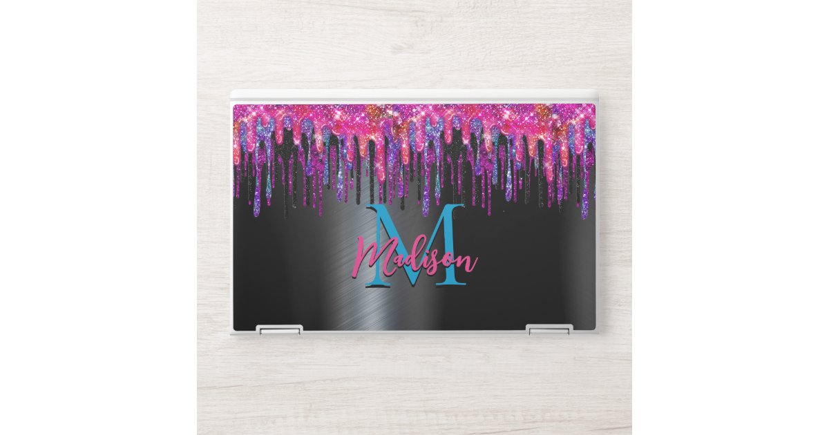Elegant black hot pink blue drips monogram HP laptop skin | Zazzle