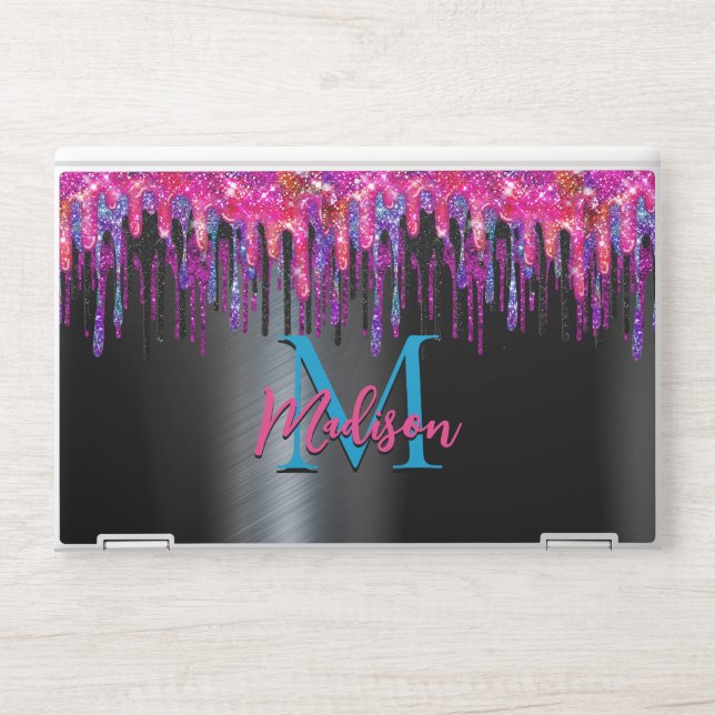 Elegant black hot pink blue drips monogram HP laptop skin (Front)