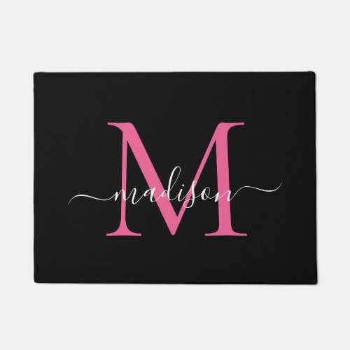 Elegant Black Hot Pink Custom Monogram Script Name Doormat