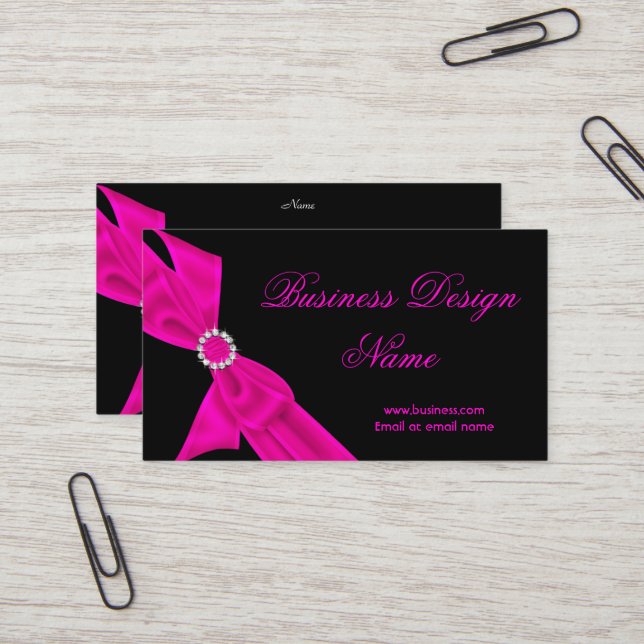 Elegant Black Hot Pink Diamond Bow Design Business Card (Front/Back In Situ)
