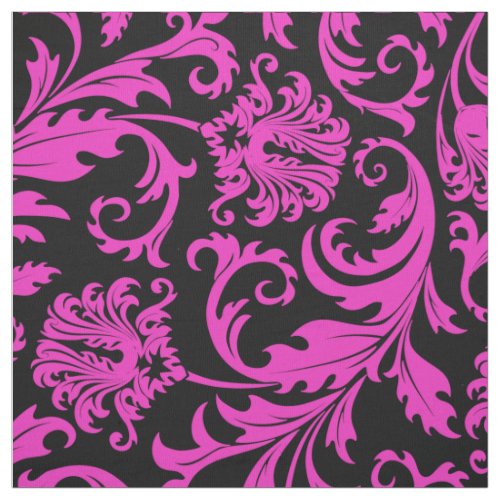 Elegant Black  Hot Pink Floral Damasks Fabric