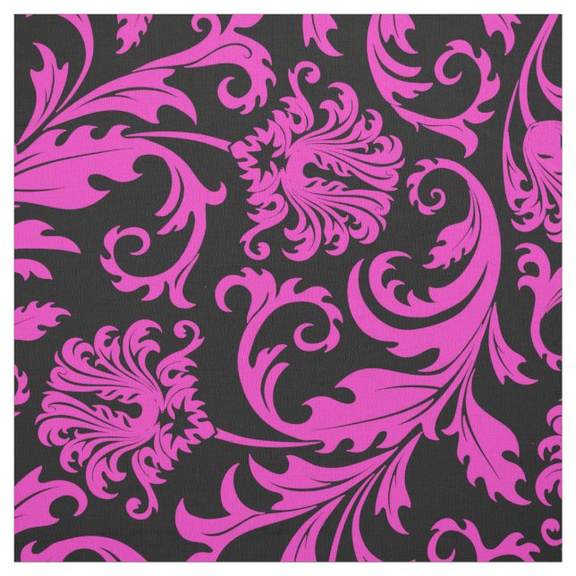 Elegant Black & Hot Pink Floral Damasks Fabric (Swatch)