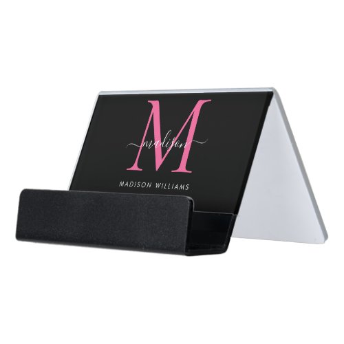 Elegant Black Hot Pink Girly Monogram Script Name Desk Business Card Holder