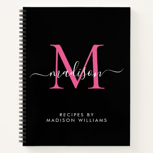Elegant Black Hot Pink Monogram Script Name Recipe Notebook