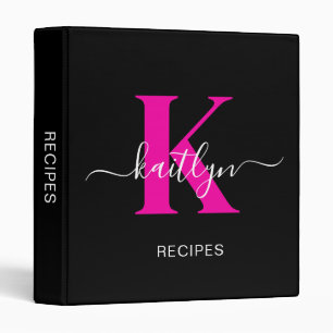 Elegant Black Hot Pink Script Monogram 3 Ring Binder