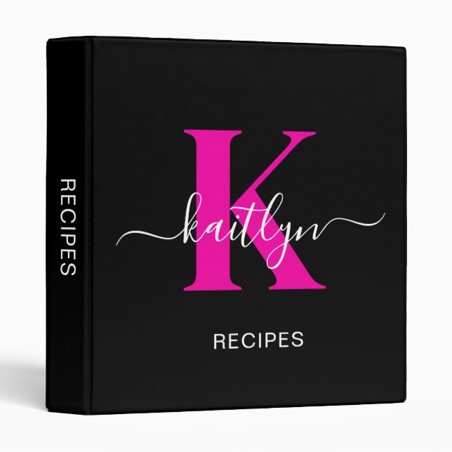 Elegant Black Hot Pink Script Monogram 3 Ring Binder (Front/Spine)
