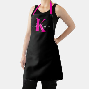 Elegant Black Hot Pink Script Monogram Apron