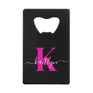 Elegant Black Hot Pink Script Monogram Credit Card Bottle Opener