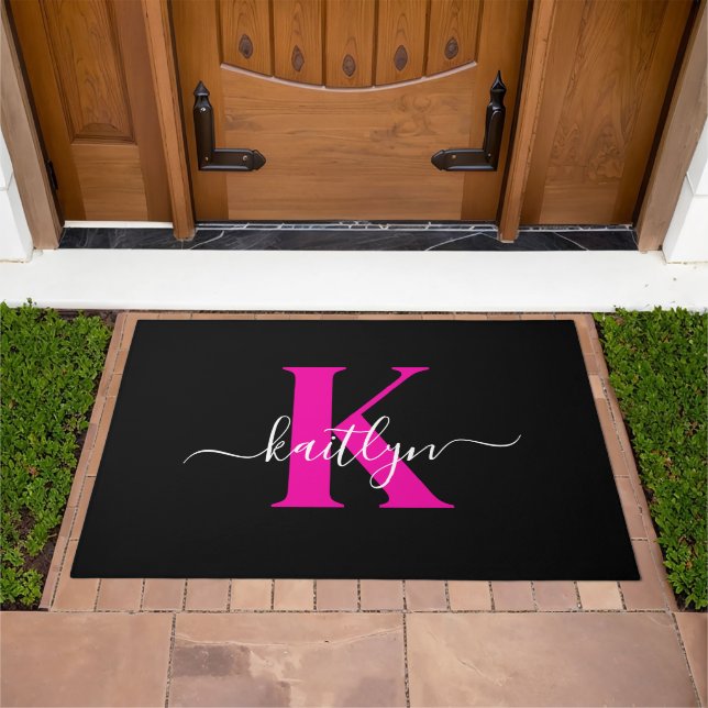 Elegant Black Hot Pink Script Monogram Doormat (Outdoor)