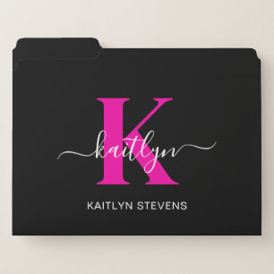 Elegant Black Hot Pink Script Monogram File Folder
