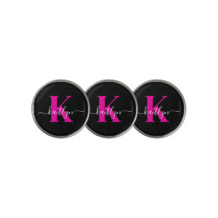 Elegant Black Hot Pink Script Monogram Golf Ball Marker