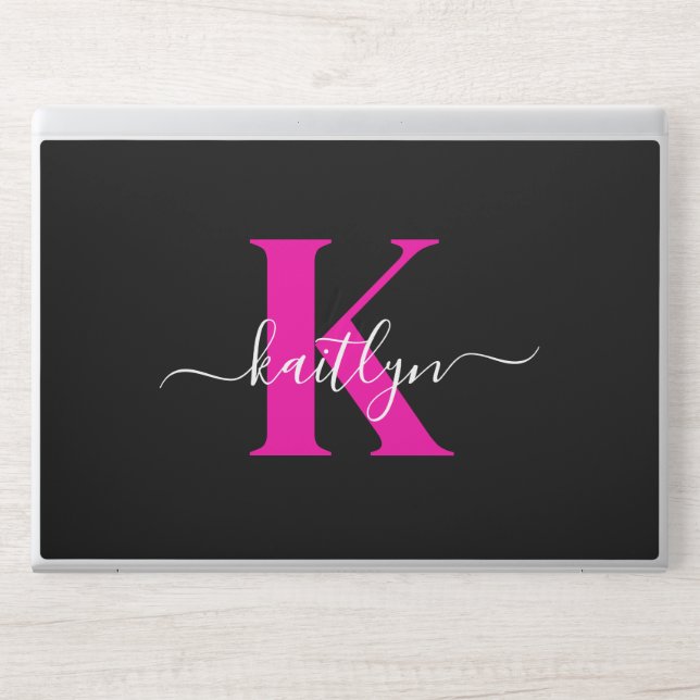 Elegant Black Hot Pink Script Monogram HP Laptop Skin (Front)