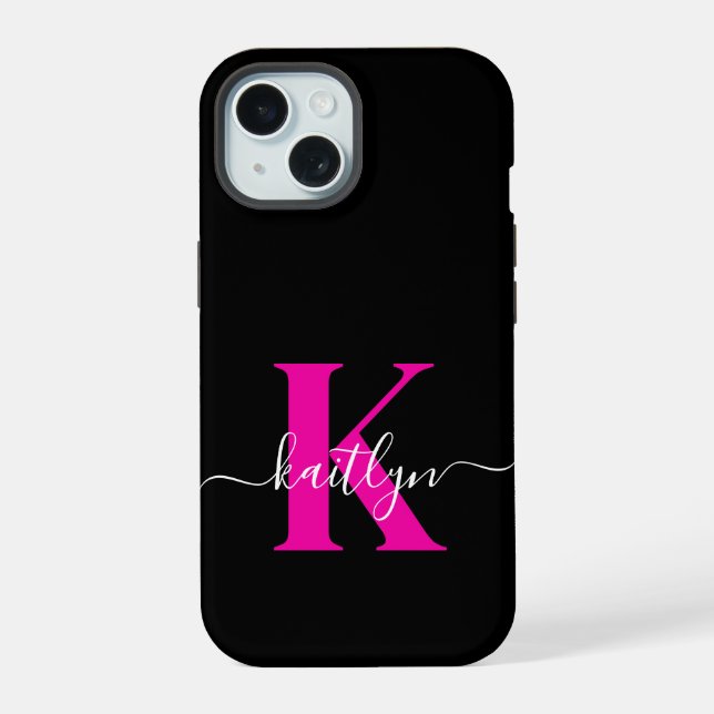 Elegant Black Hot Pink Script Monogram iPhone 15 Case (Back)