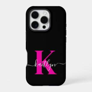 Elegant Black Hot Pink Script Monogram iPhone 16 Pro Case