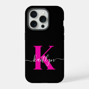 Elegant Black Hot Pink Script Monogram iPhone 15 Pro Case