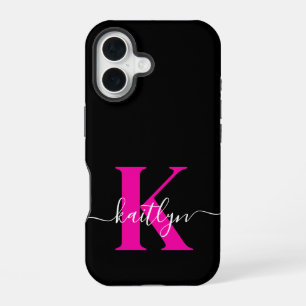 Elegant Black Hot Pink Script Monogram iPhone 16 Case
