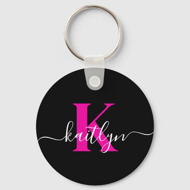 Elegant Black Hot Pink Script Monogram Keychain (Front)