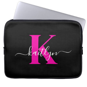 Elegant Black Hot Pink Script Monogram Laptop Sleeve
