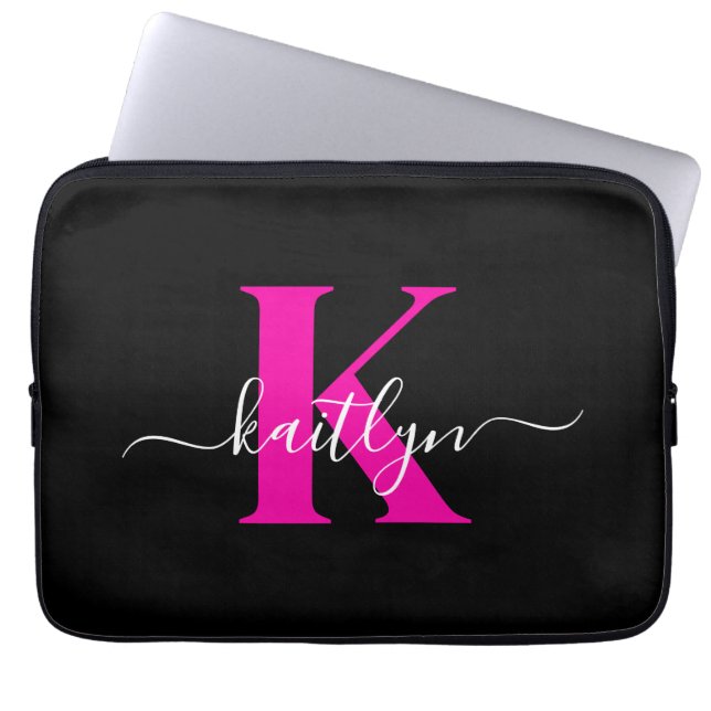 Elegant Black Hot Pink Script Monogram Laptop Sleeve (Front)
