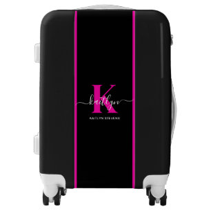 Elegant Black Hot Pink Script Monogram Luggage