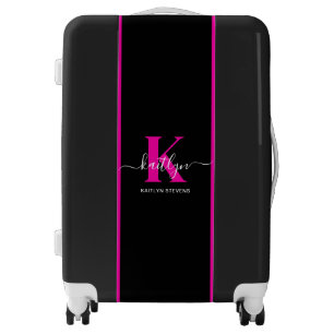 Elegant Black Hot Pink Script Monogram Luggage