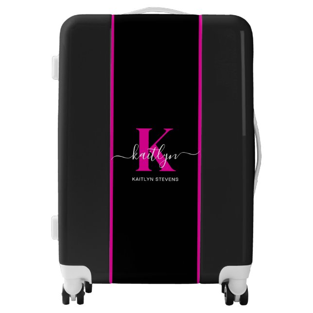 Elegant Black Hot Pink Script Monogram Luggage (Front)