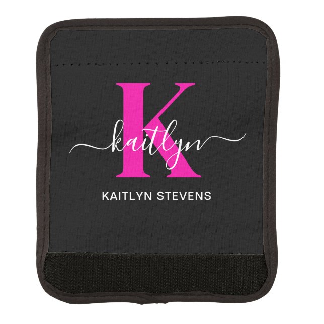 Elegant Black Hot Pink Script Monogram Luggage Handle Wrap (Front)