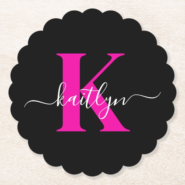 Elegant Black Hot Pink Script Monogram Paper Coaster (Front)