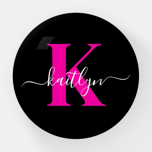 Elegant Black Hot Pink Script Monogram Paperweight (Front)