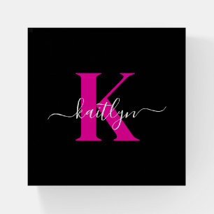 Elegant Black Hot Pink Script Monogram Paperweight