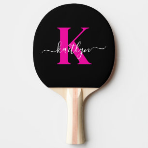 Elegant Black Hot Pink Script Monogram Ping Pong Paddle