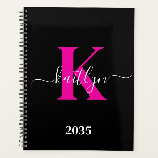 Elegant Black Hot Pink Script Monogram Planner (Front)