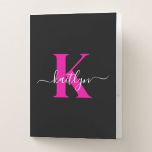 Elegant Black Hot Pink Script Monogram Pocket Folder