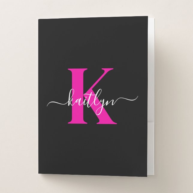 Elegant Black Hot Pink Script Monogram Pocket Folder (Front)