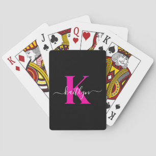 Elegant Black Hot Pink Script Monogram Poker Cards